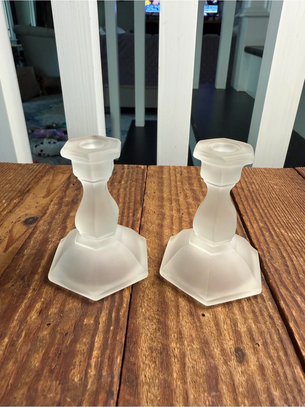 Small Frosted Glass Candlestick Pair
